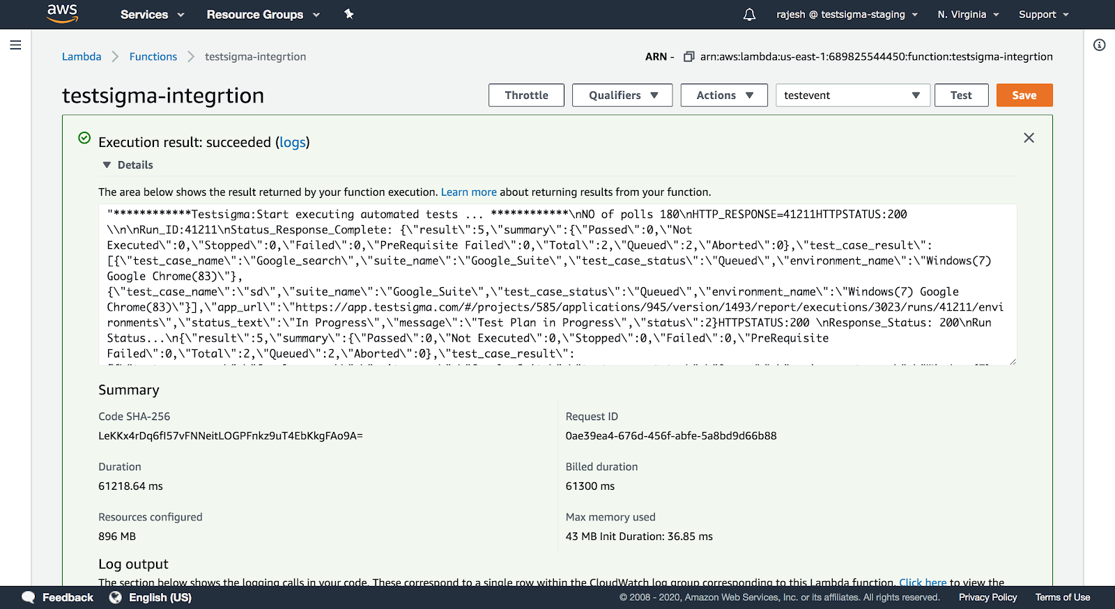 execution results of Testsigma integration in AWS Lambda