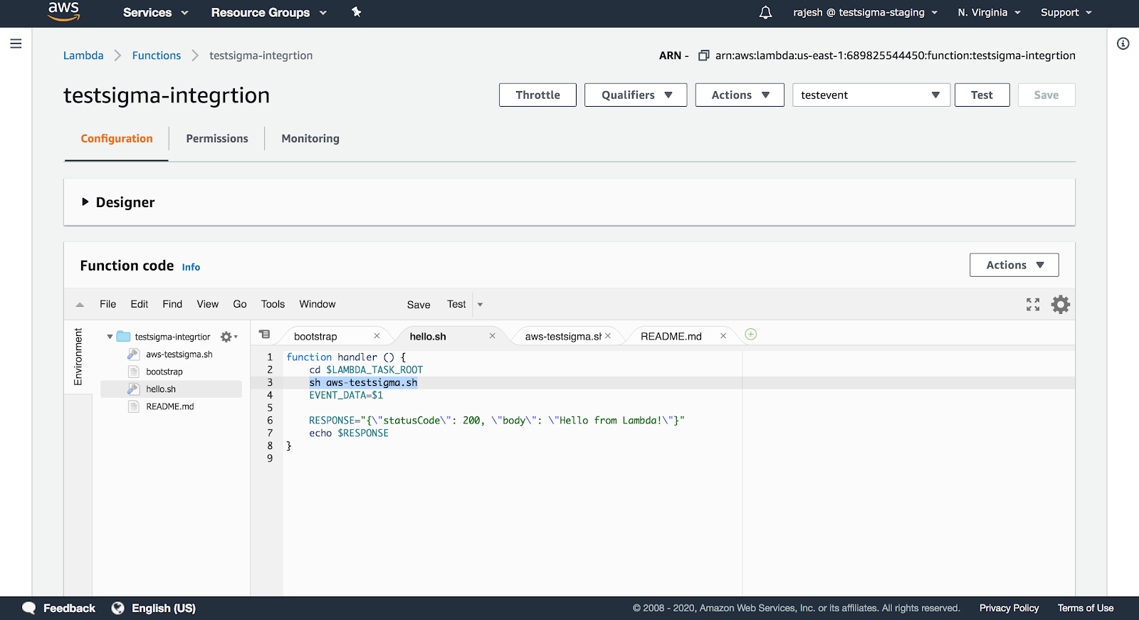function code for Testsigma integration in AWS Lambda