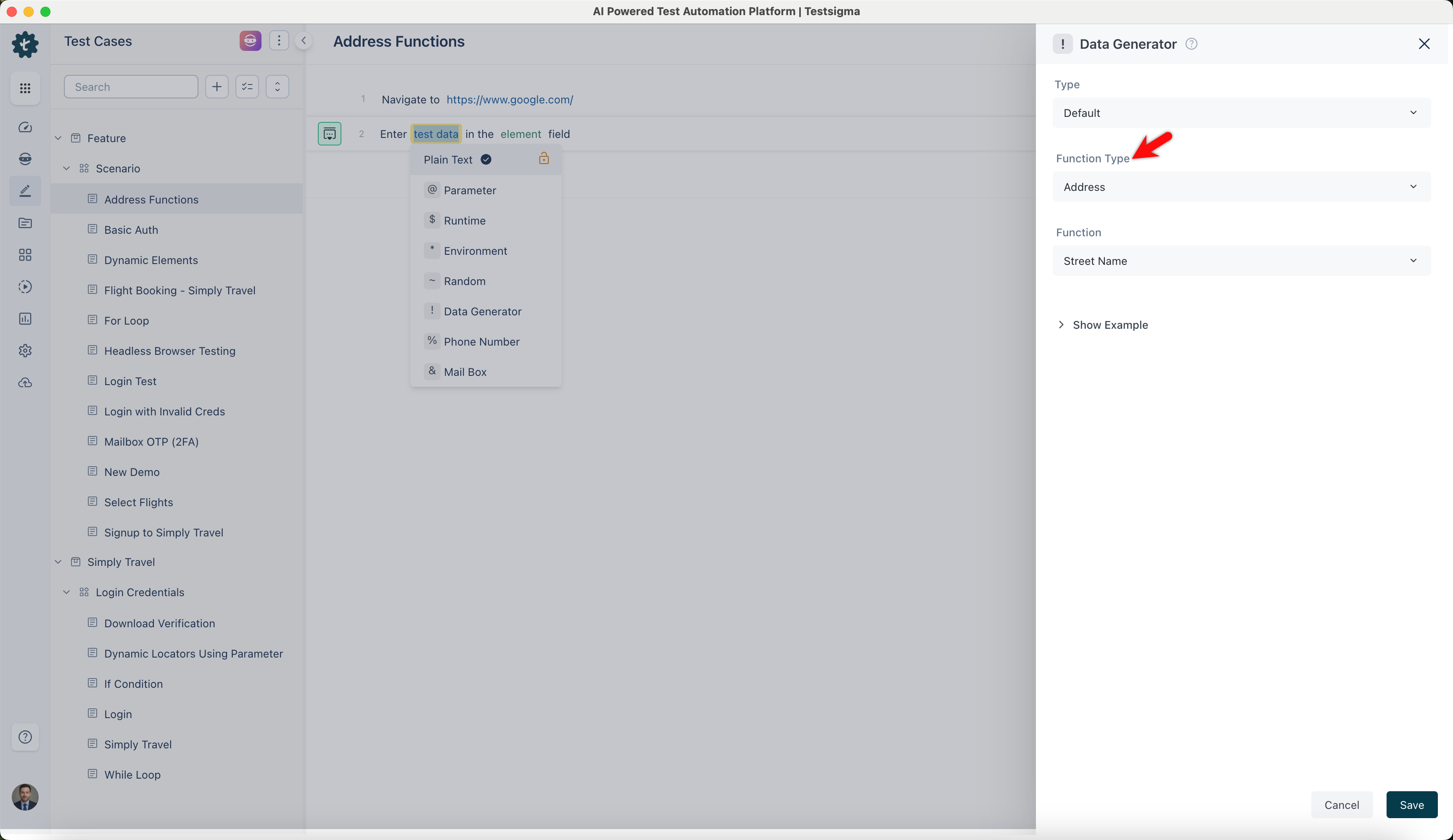 select address function type from data generators