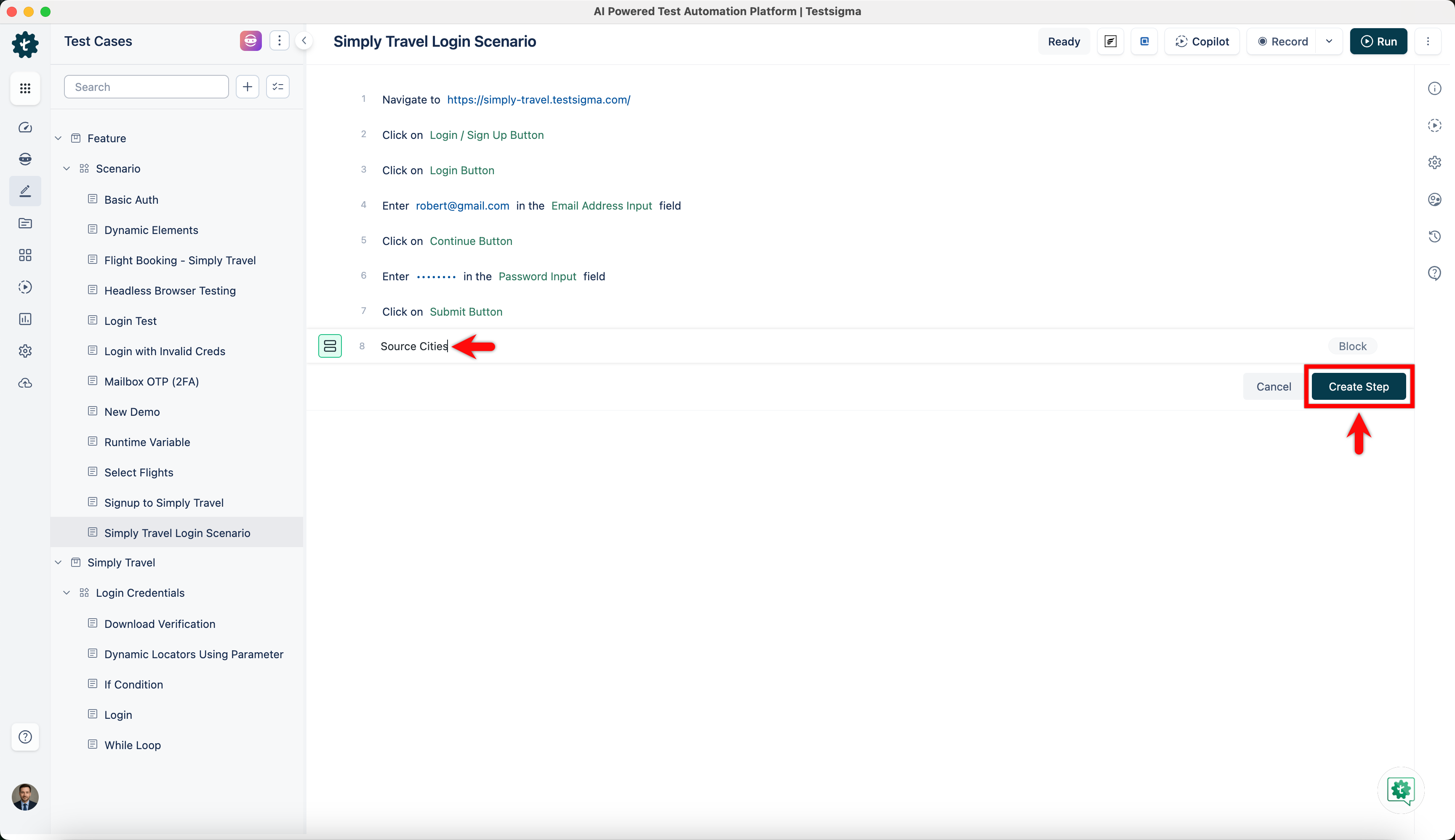 Create Block in Test Step Type
