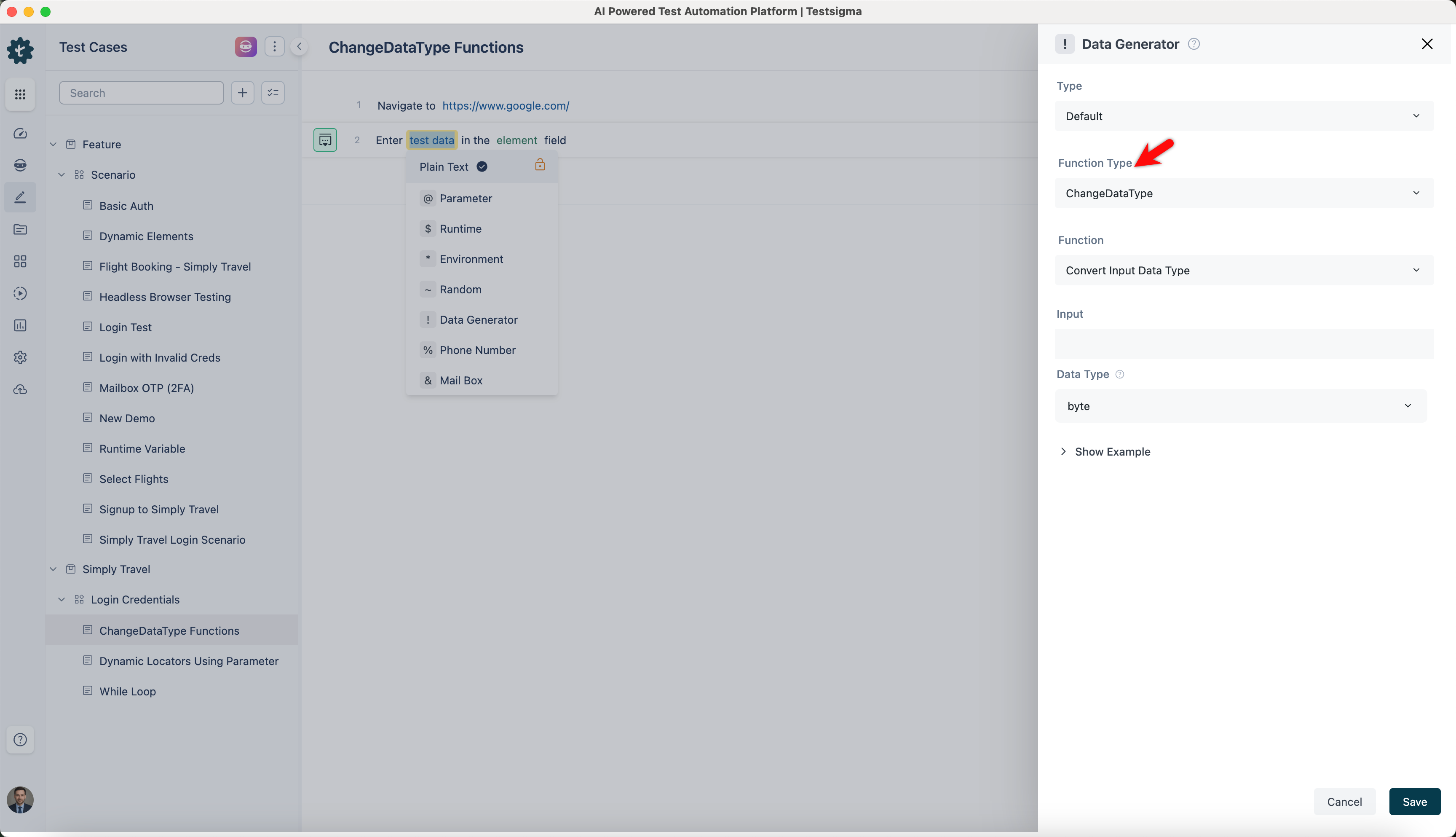 select changedatatype function type from data generators