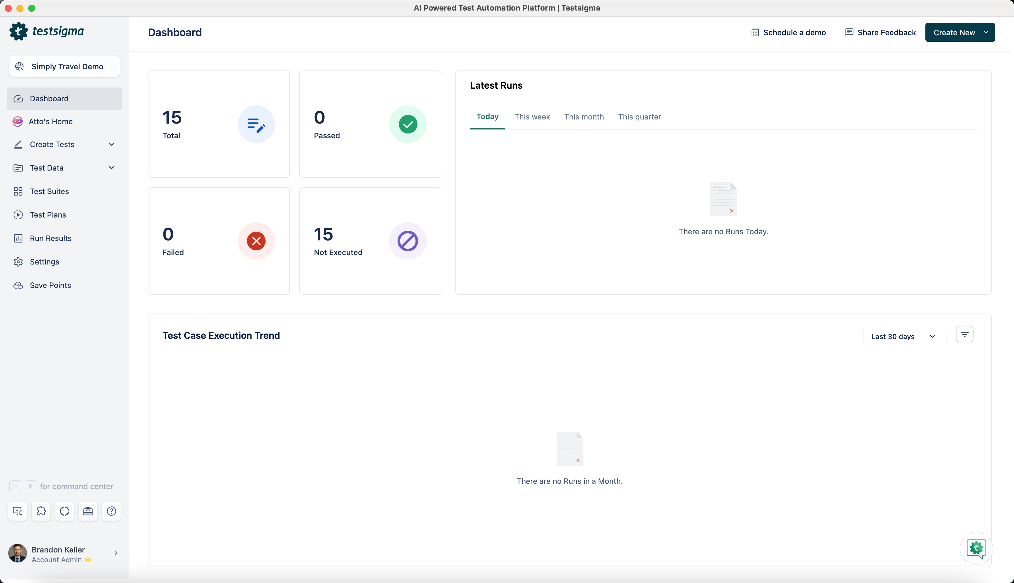 Testsigma Dashboard showing all the sections