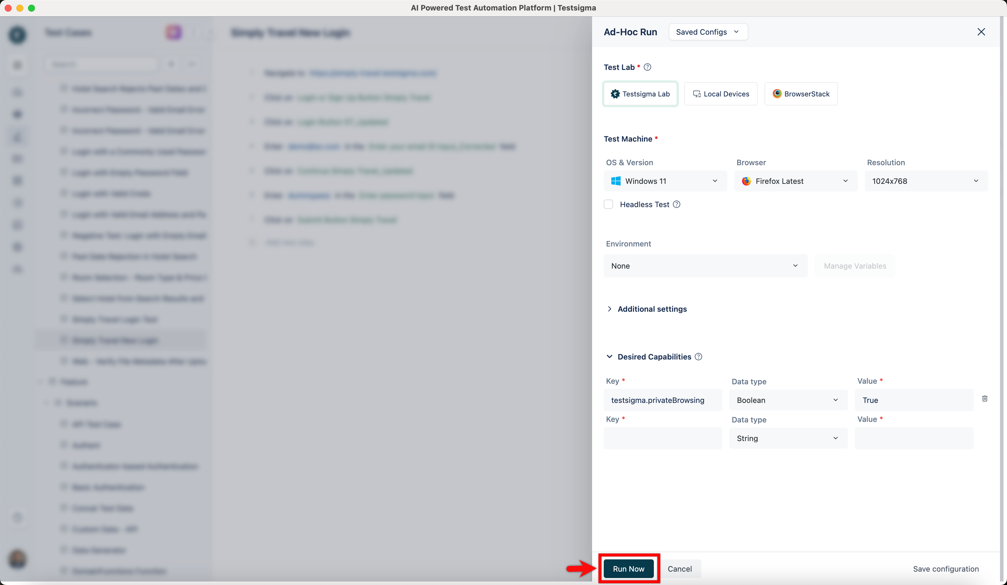 Add capabilities in Test Case