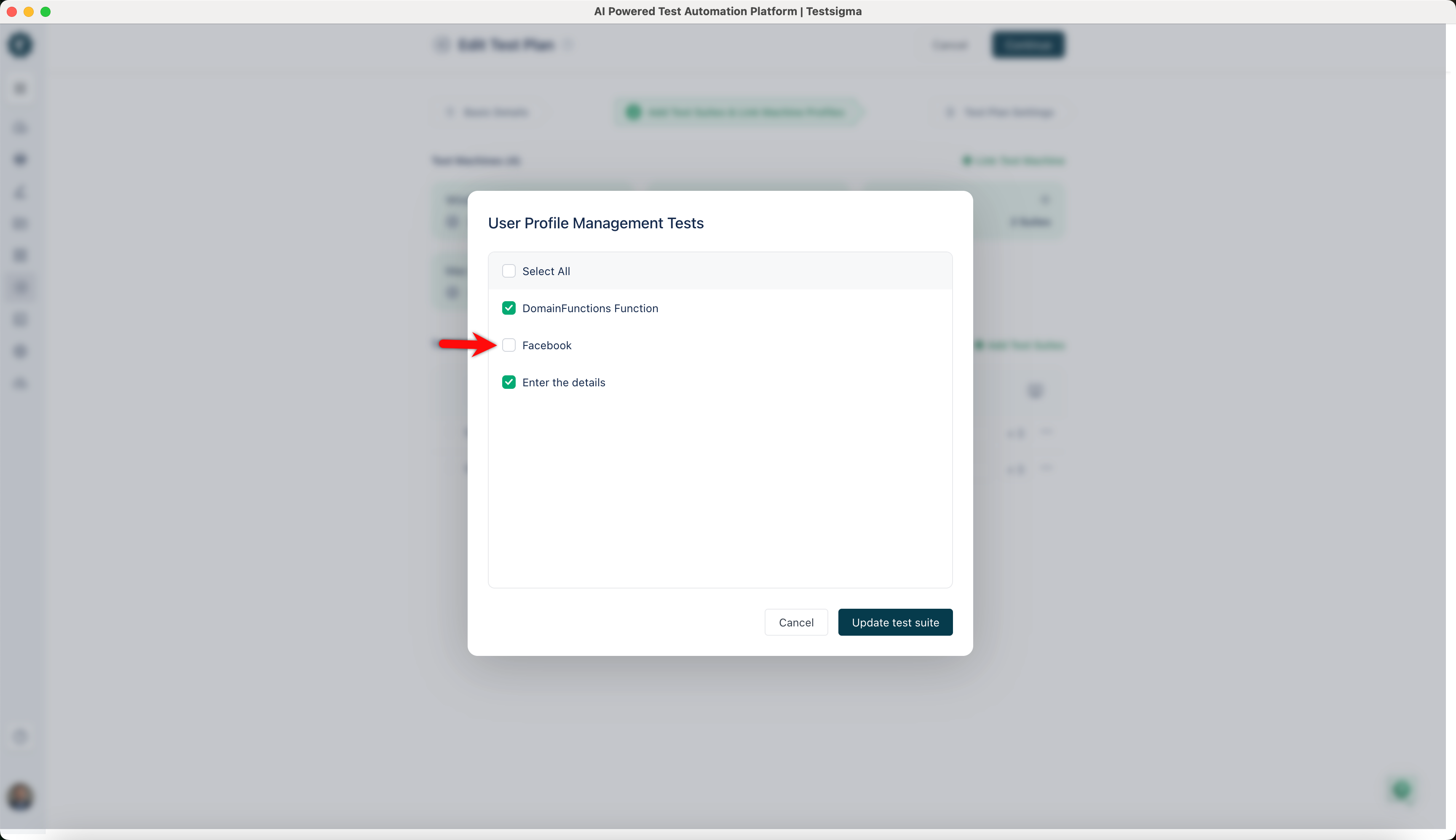 Uncheck test cases to disable them