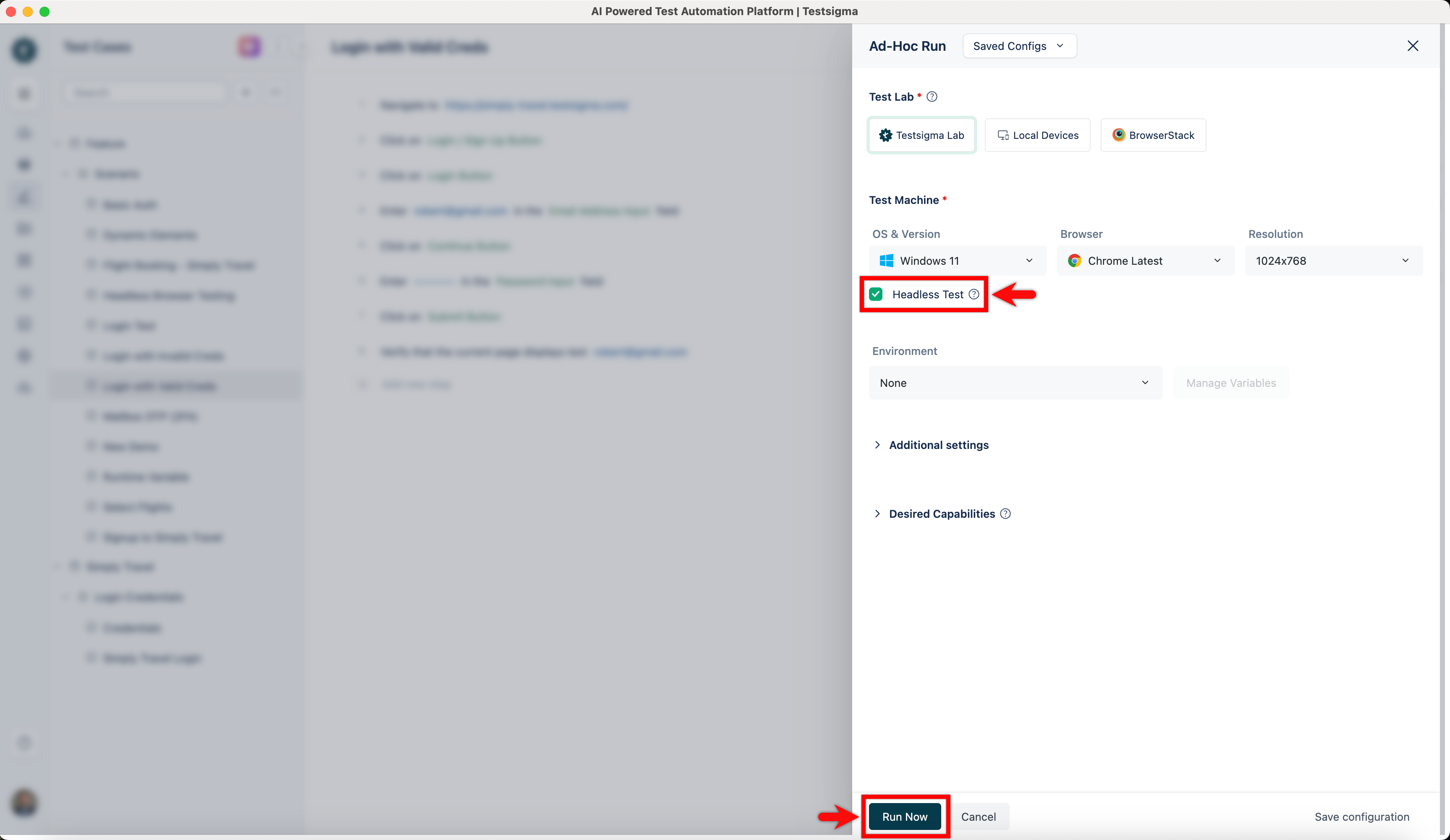 Headless Test in Test Case