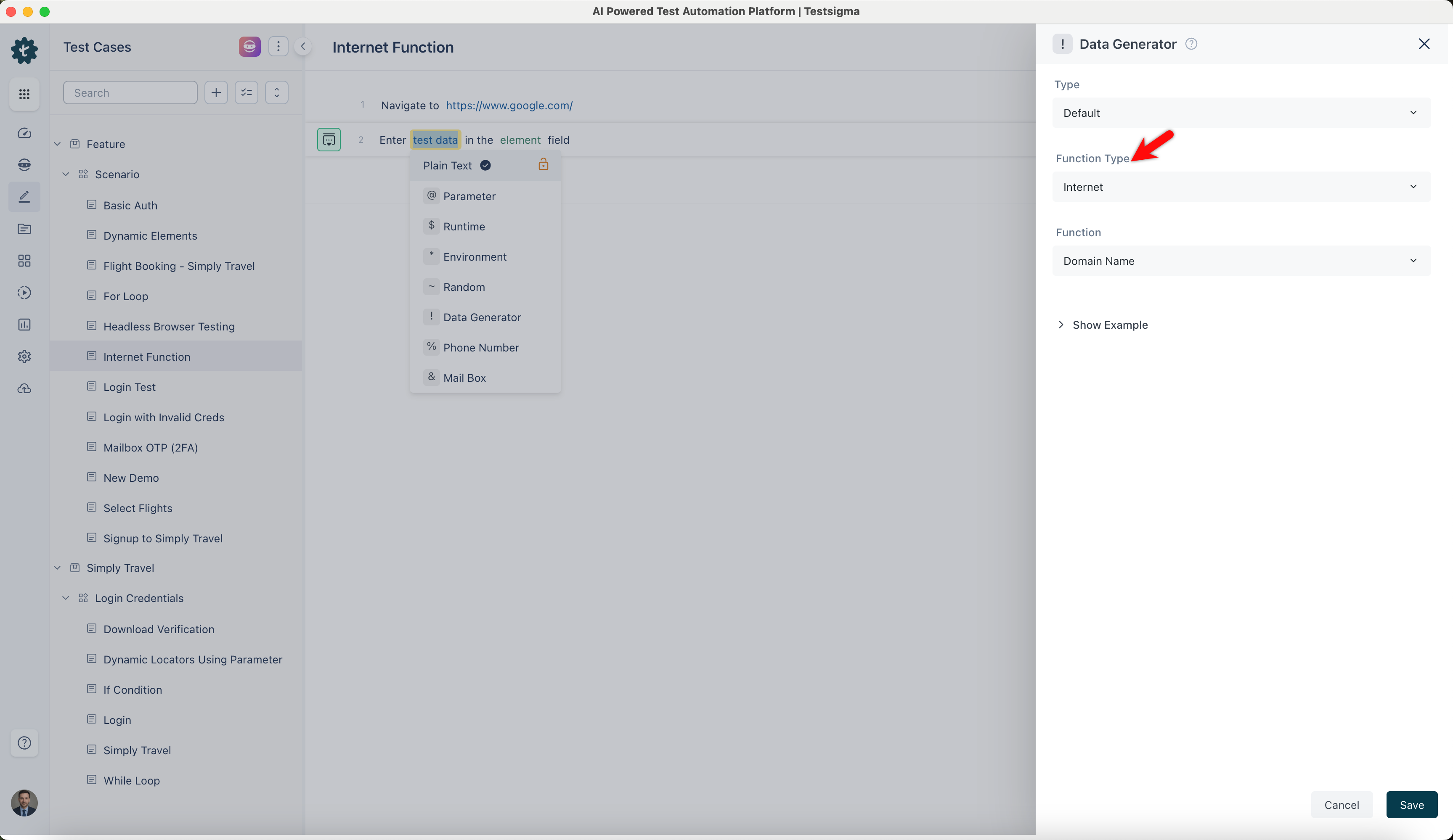 select internet function type from data generators