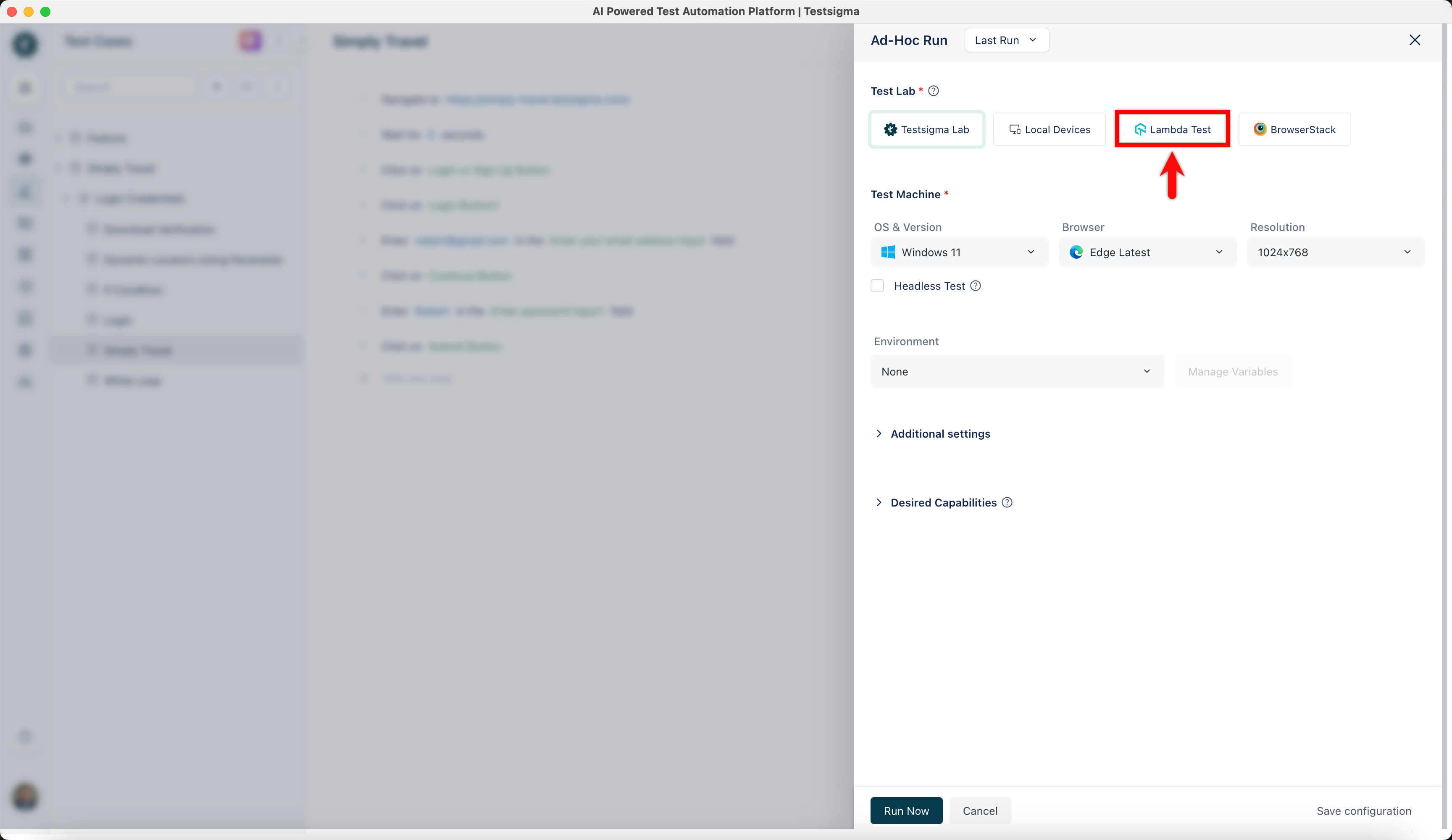 LambdaTest selected in Create Ad-hoc Run page