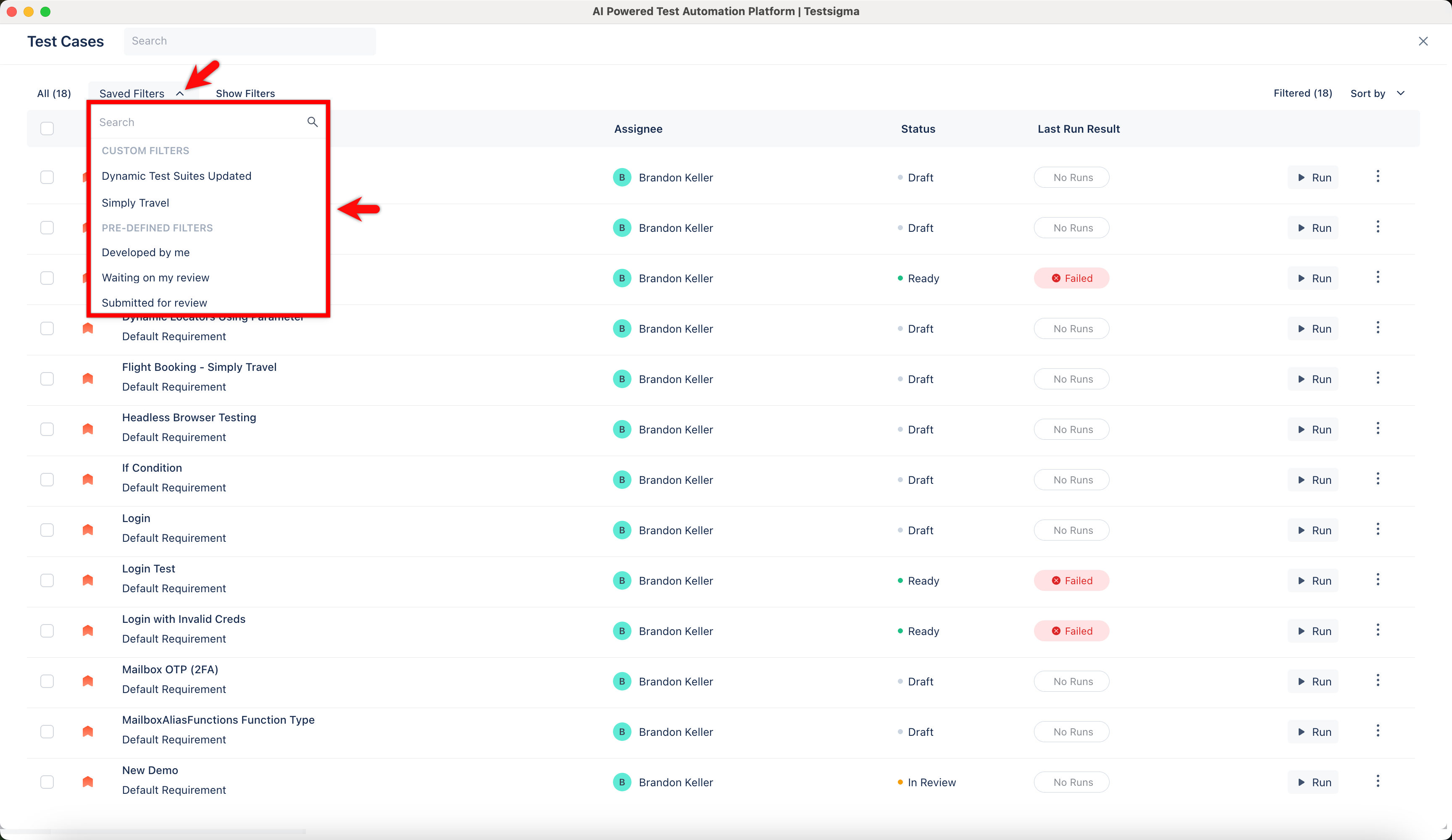 View Saved Test Case Filter