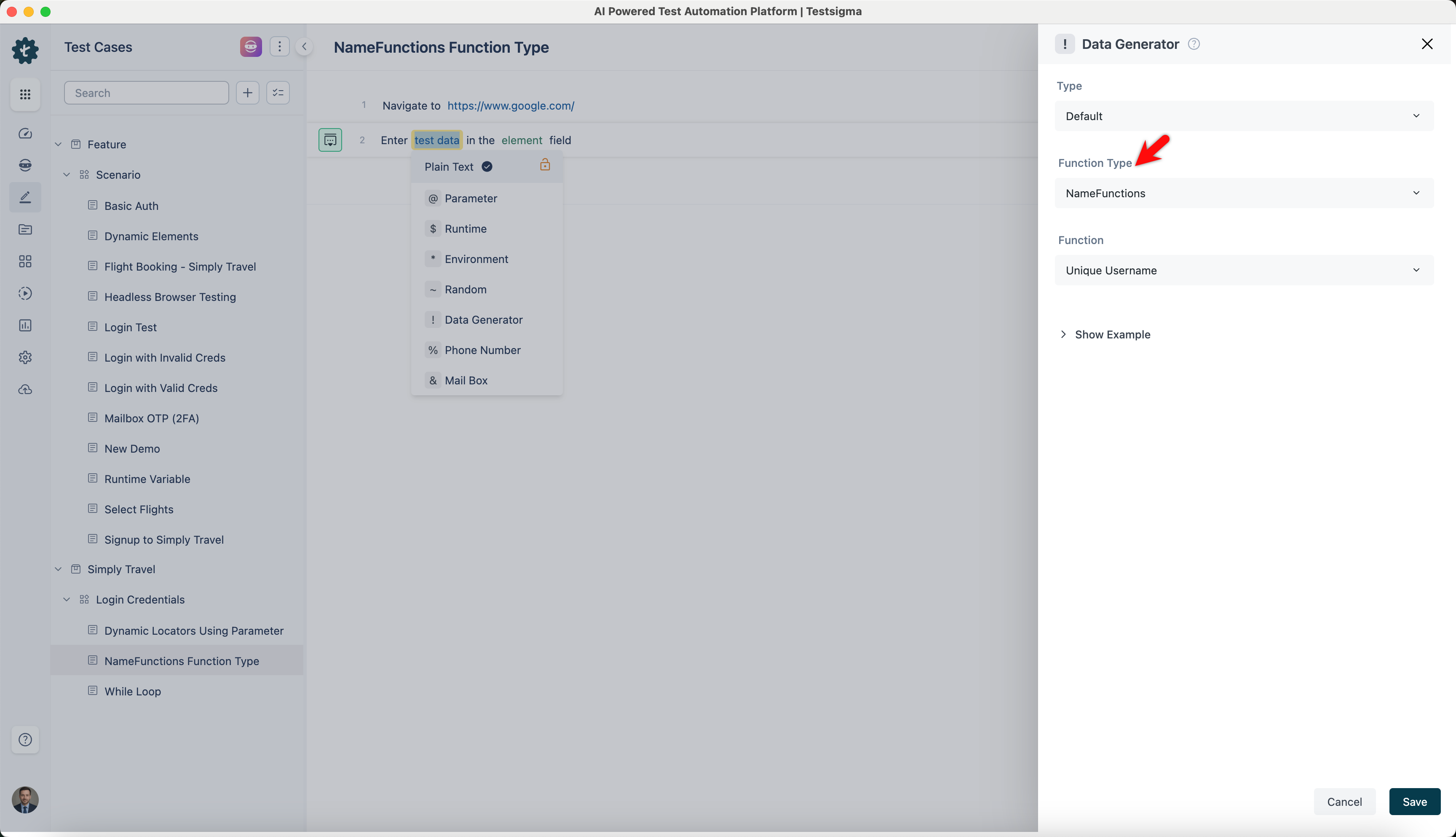 select namefunctions function type from data generators
