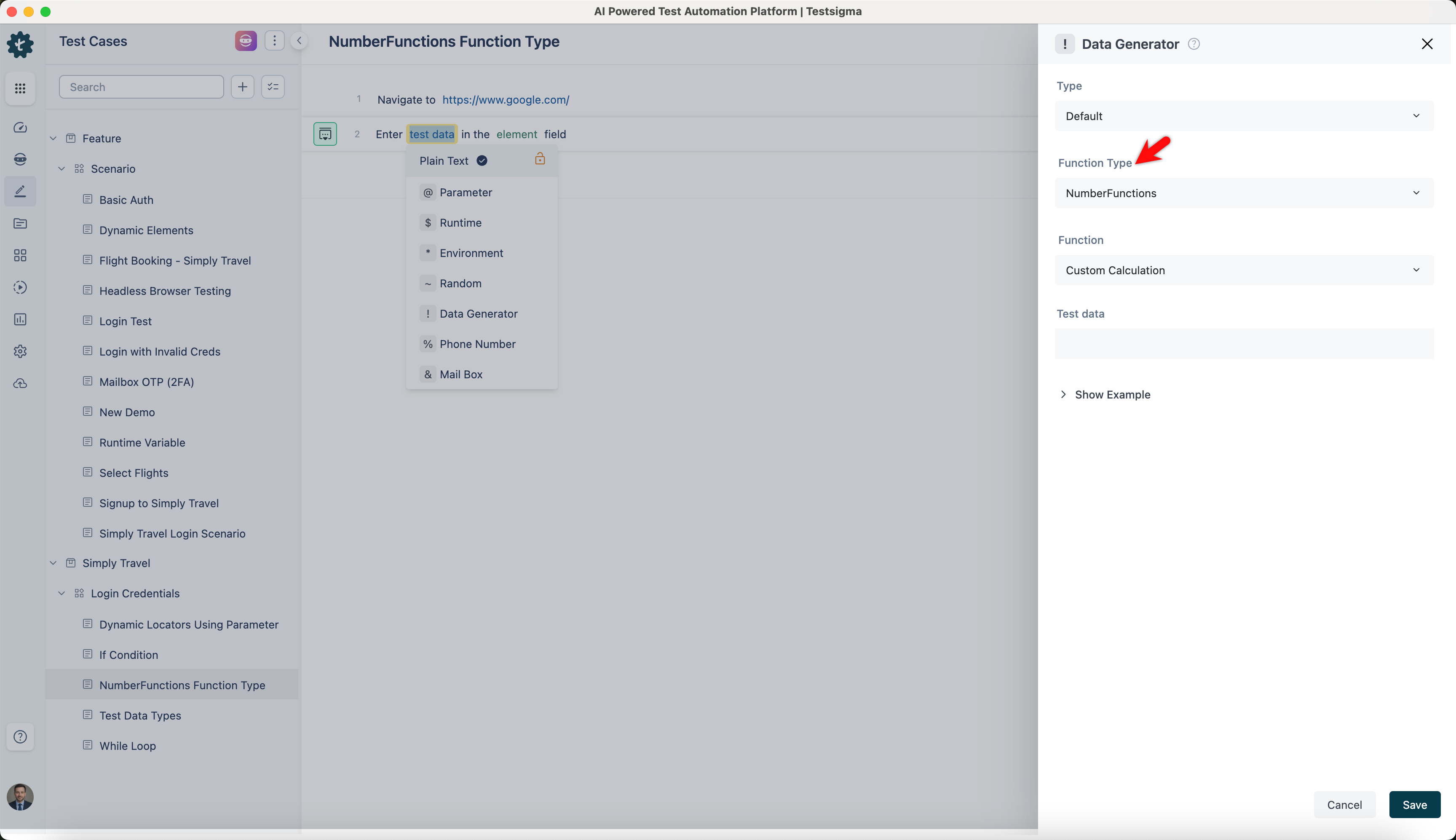 select numberfunctions function type from data generators