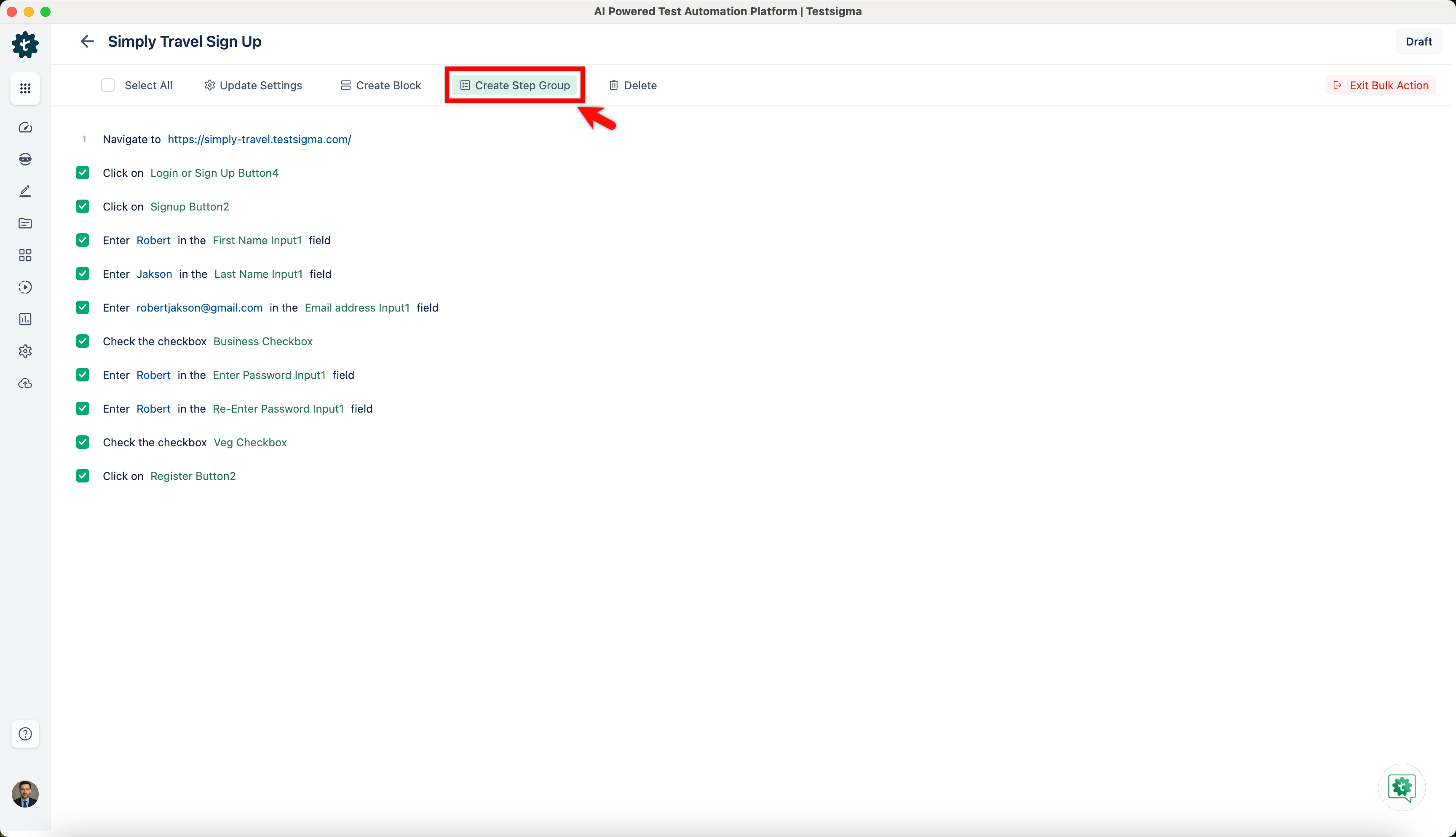 Select test steps