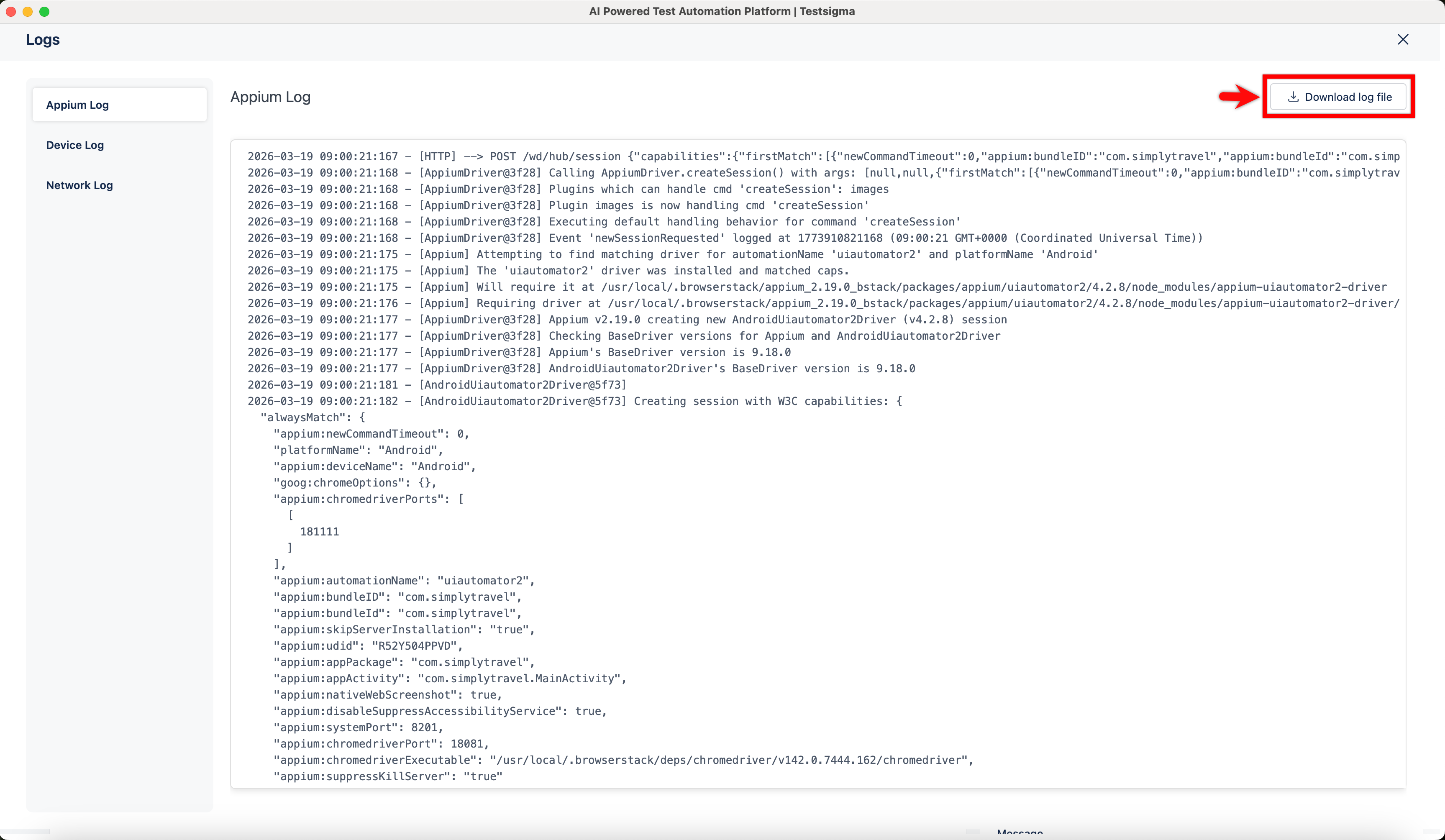 Download log file