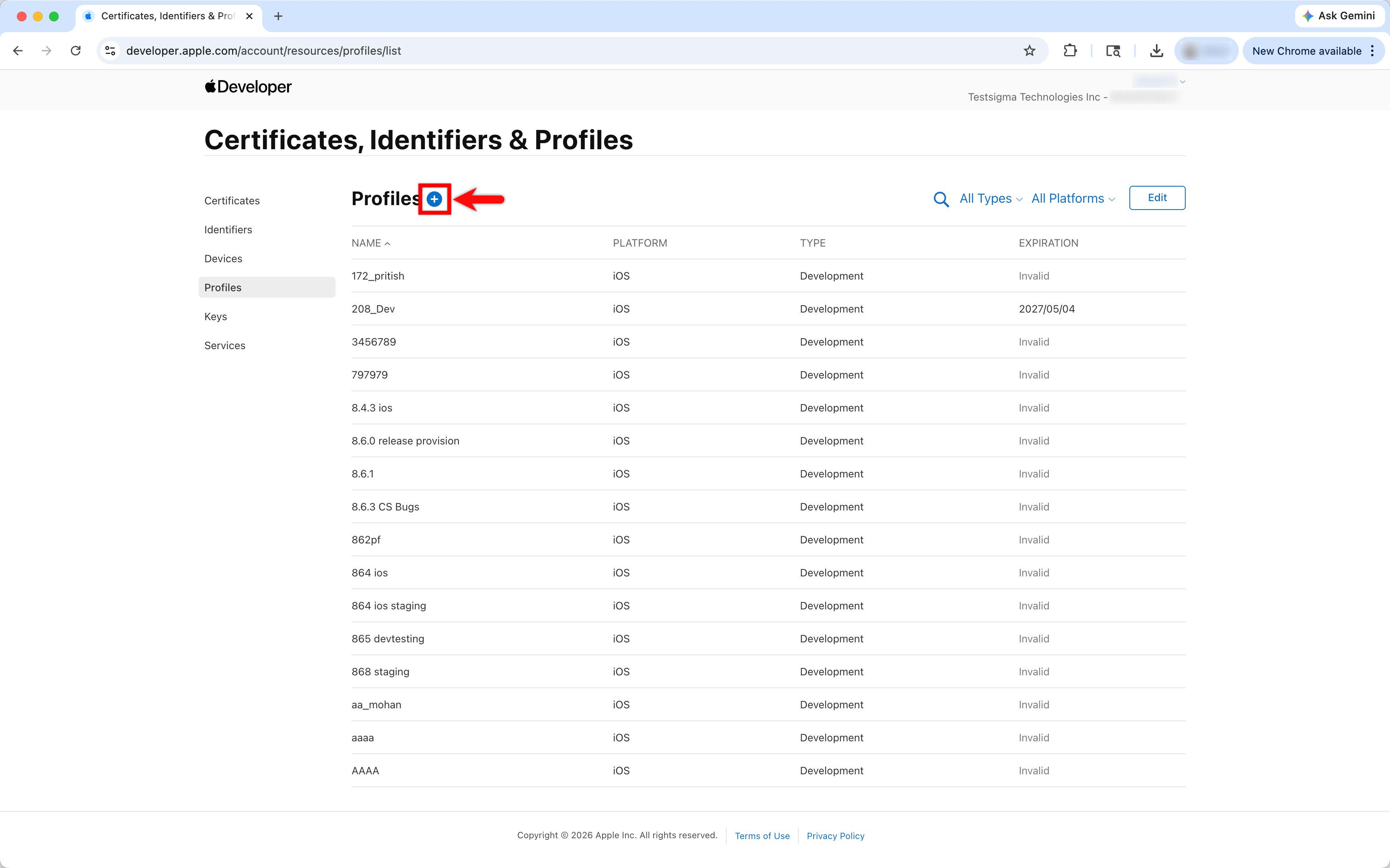 Select Profiles in Apple Portal