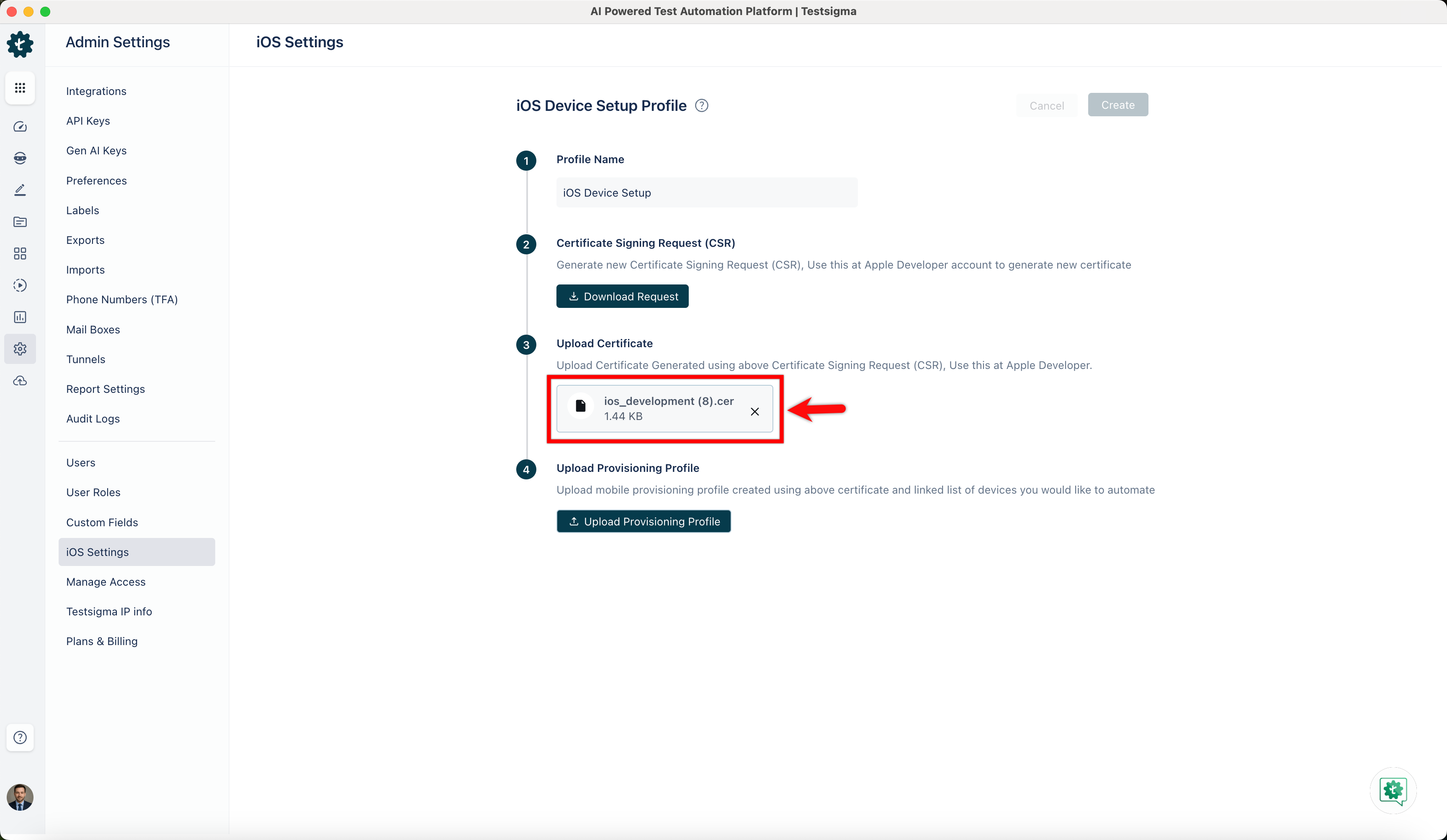 Upload CSR file in Testsigma