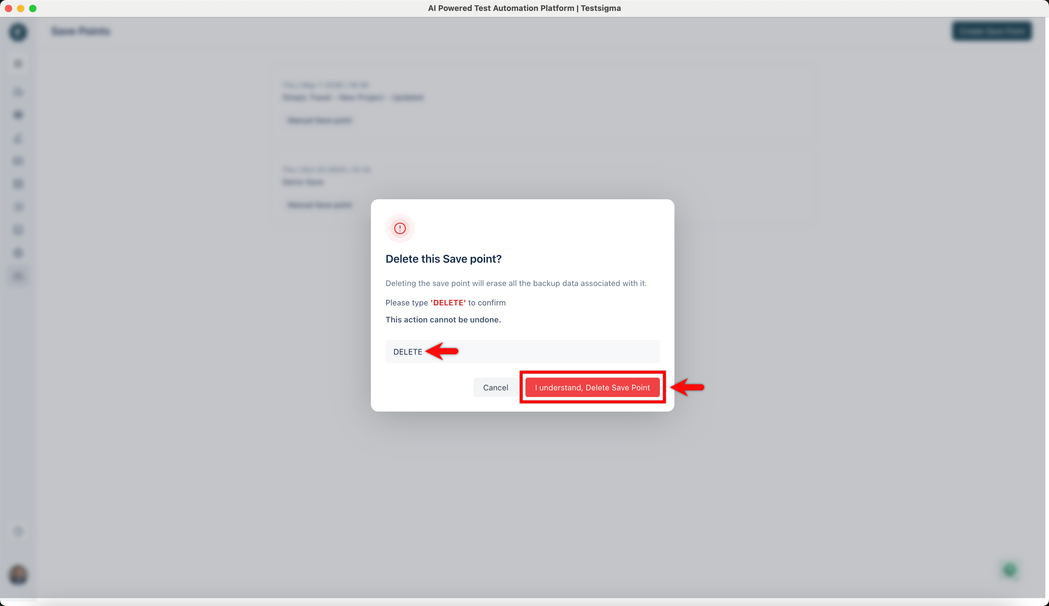 Confirm Delete Save Point