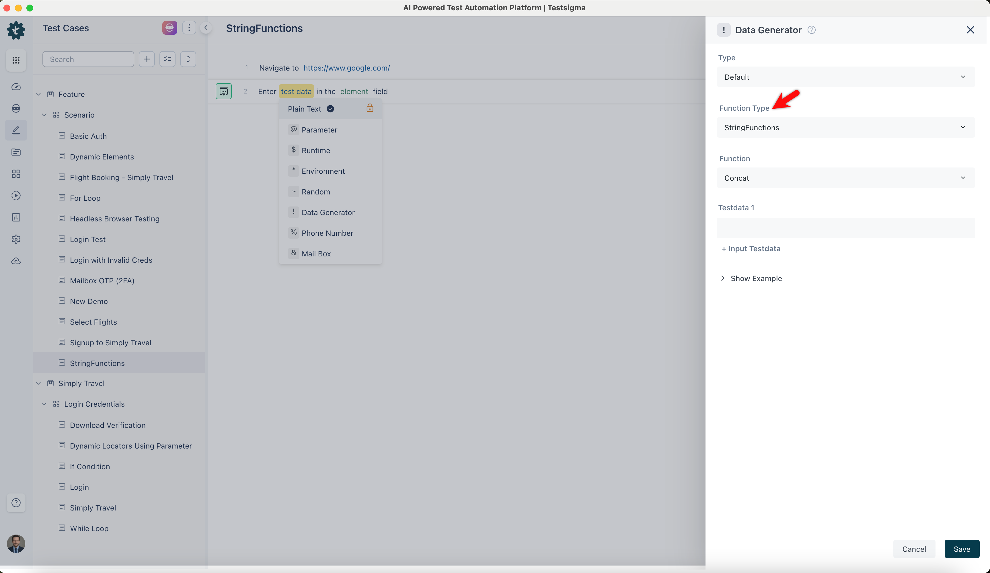 select stringfunctions function type from data generators