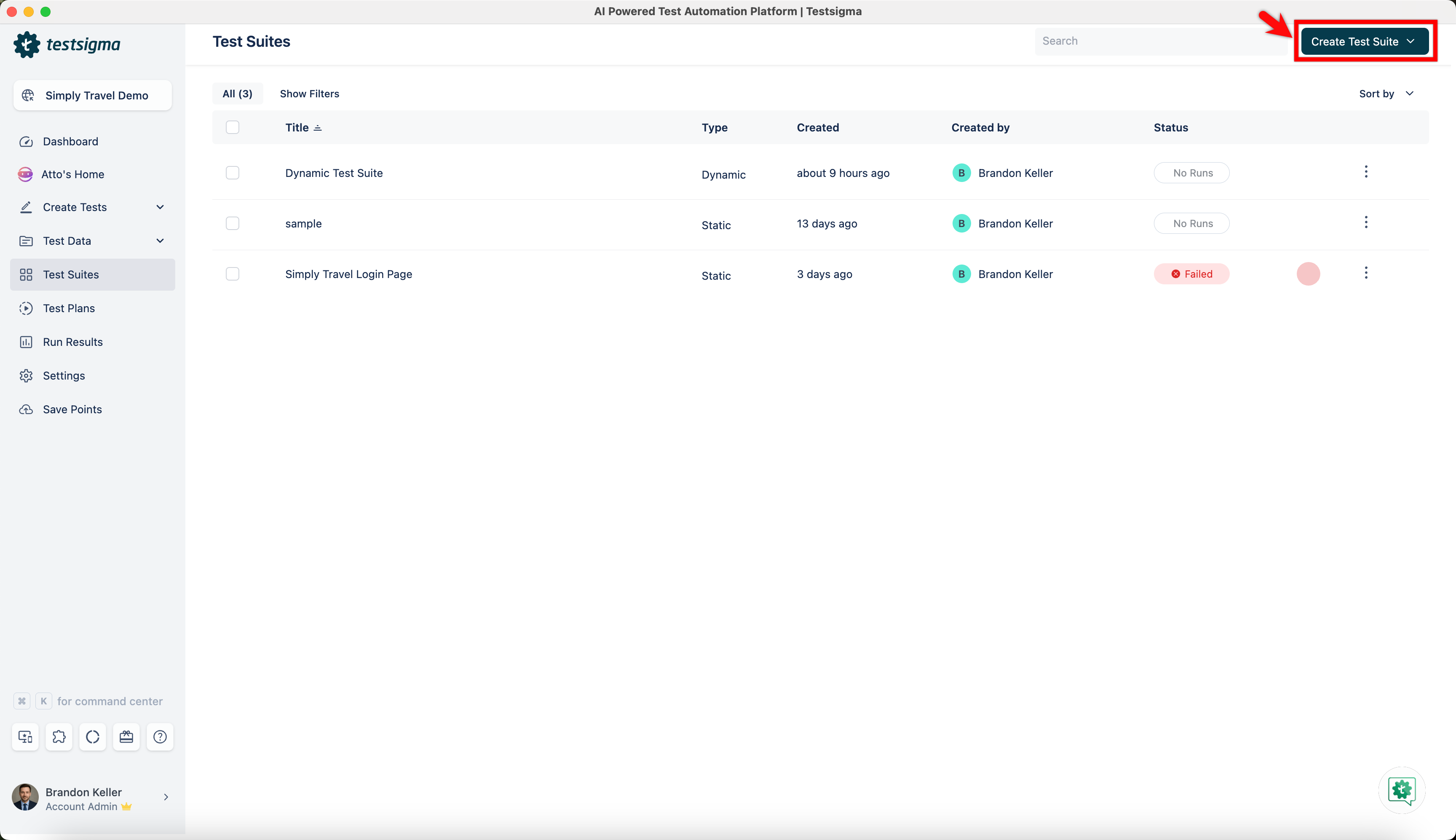 Test Suites List Page