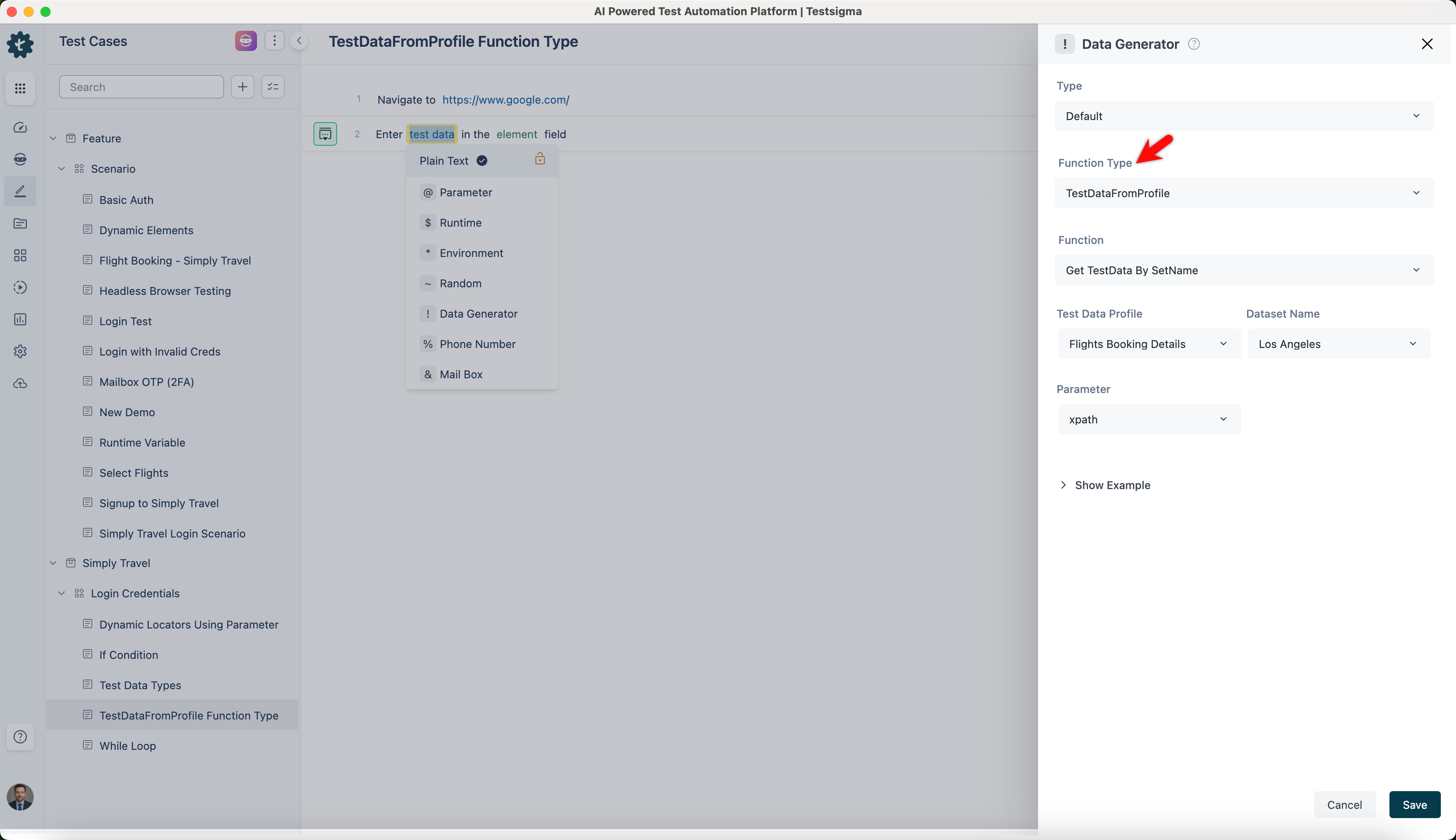 select testdatafromprofile function type from data generators