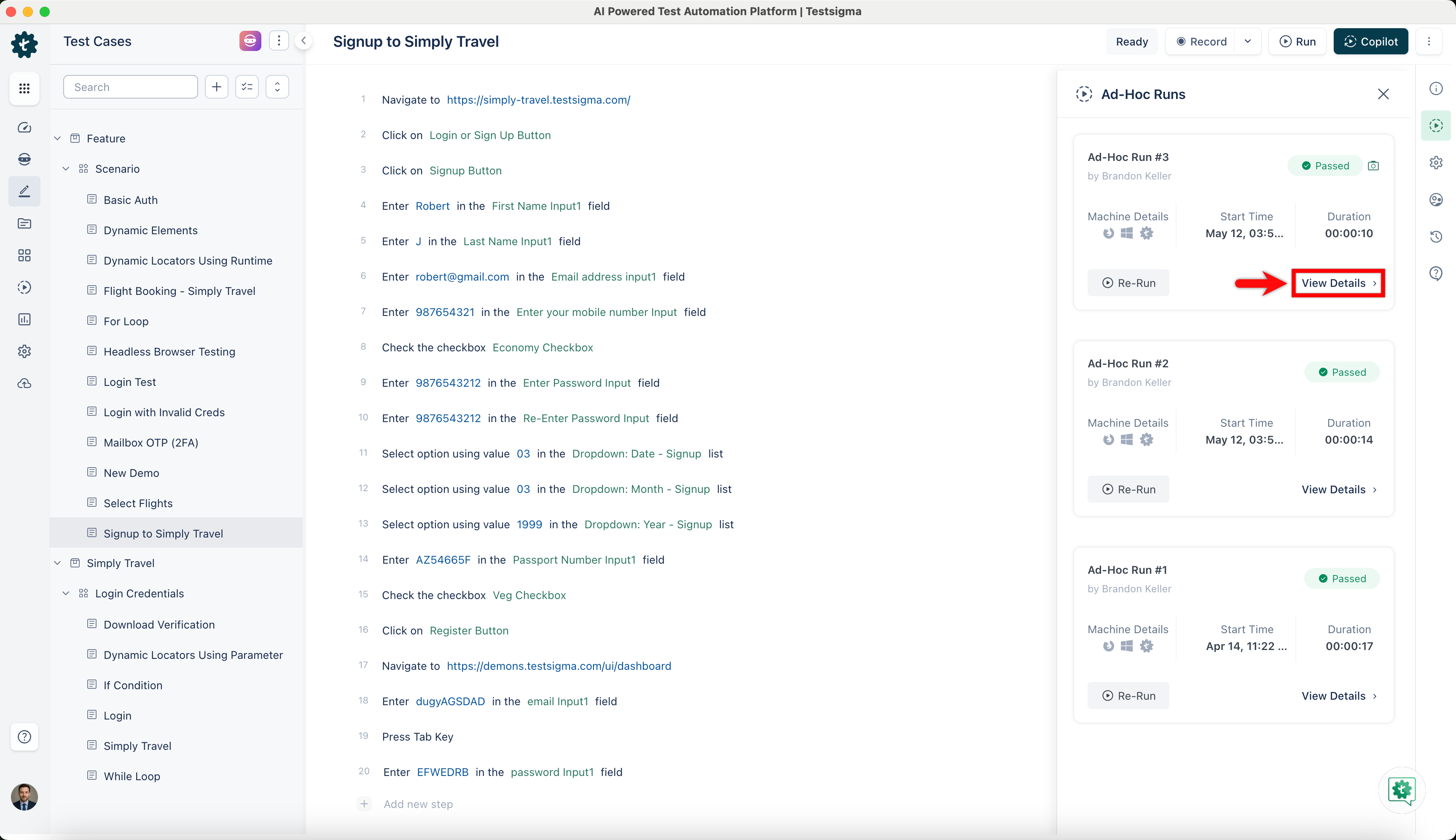view test case result details page