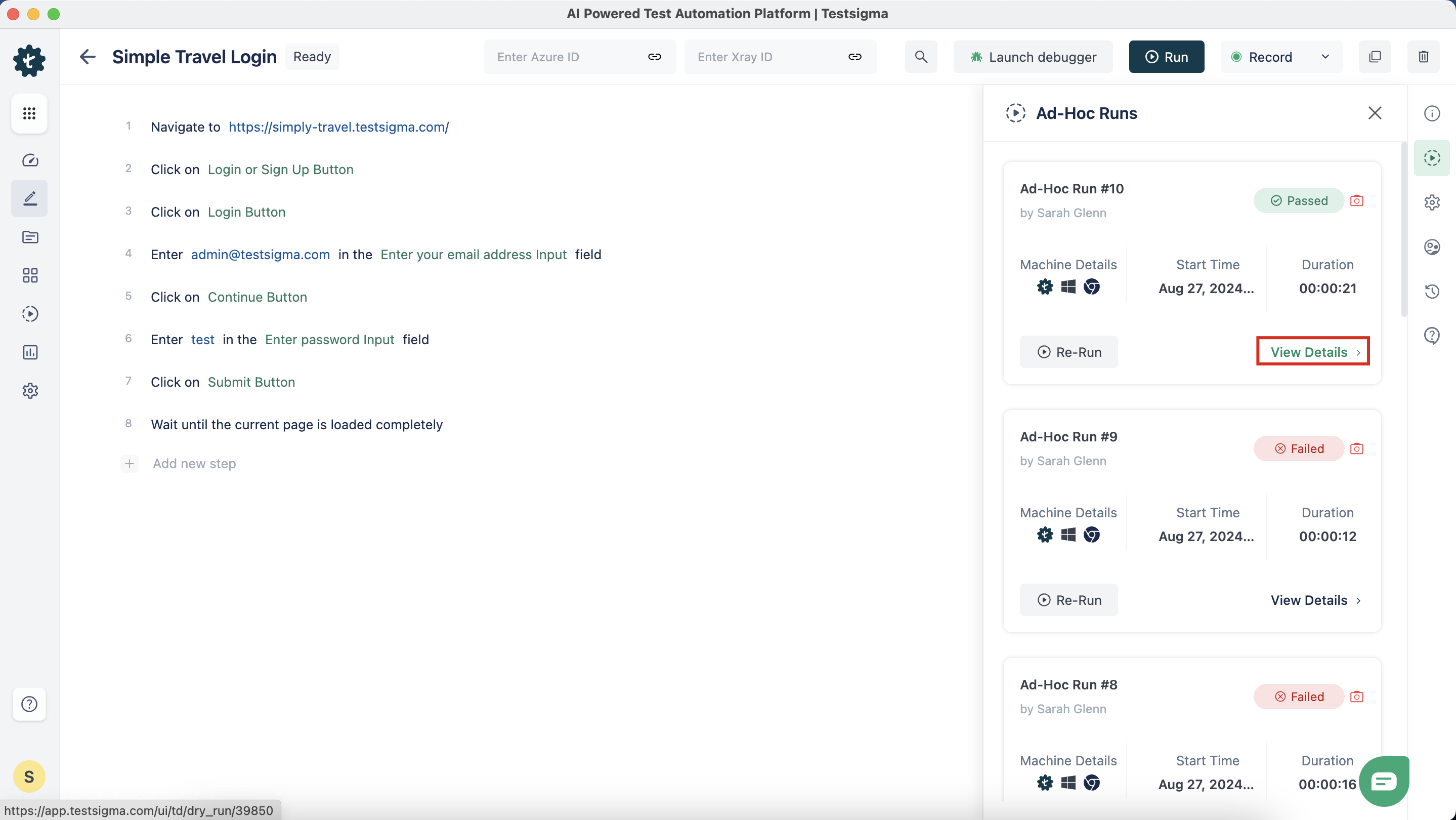 view test case result details page