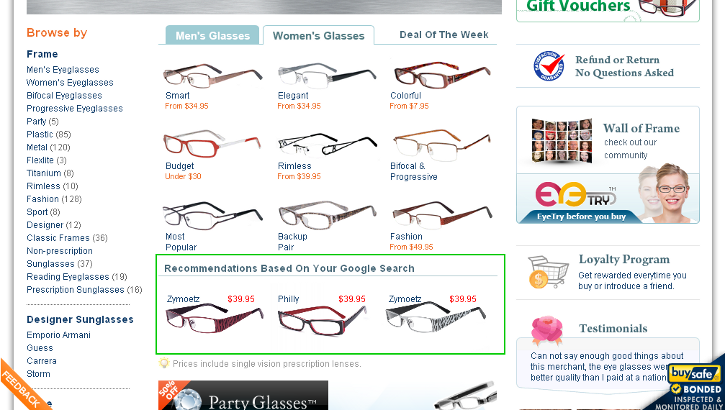 product recommendations on search results pages