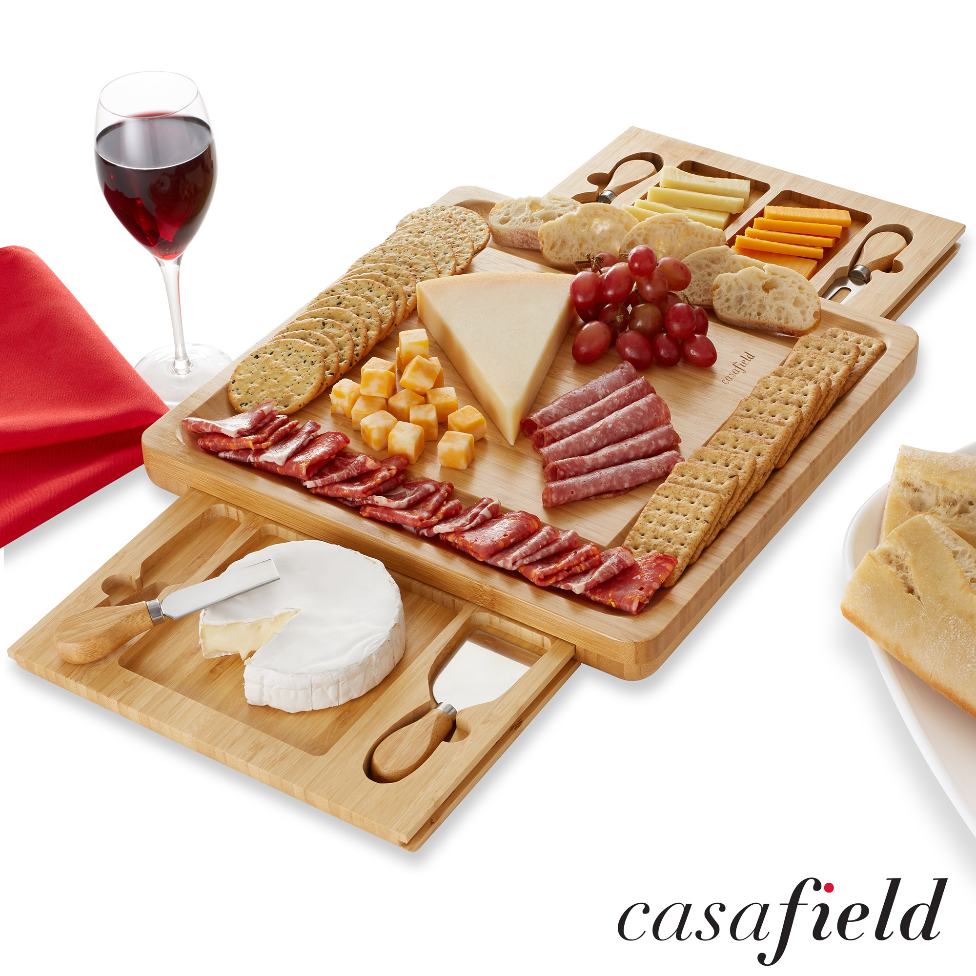 Bamboo Cheese Board and Knife Gift Set, Charcuterie Tray Wood Cutting