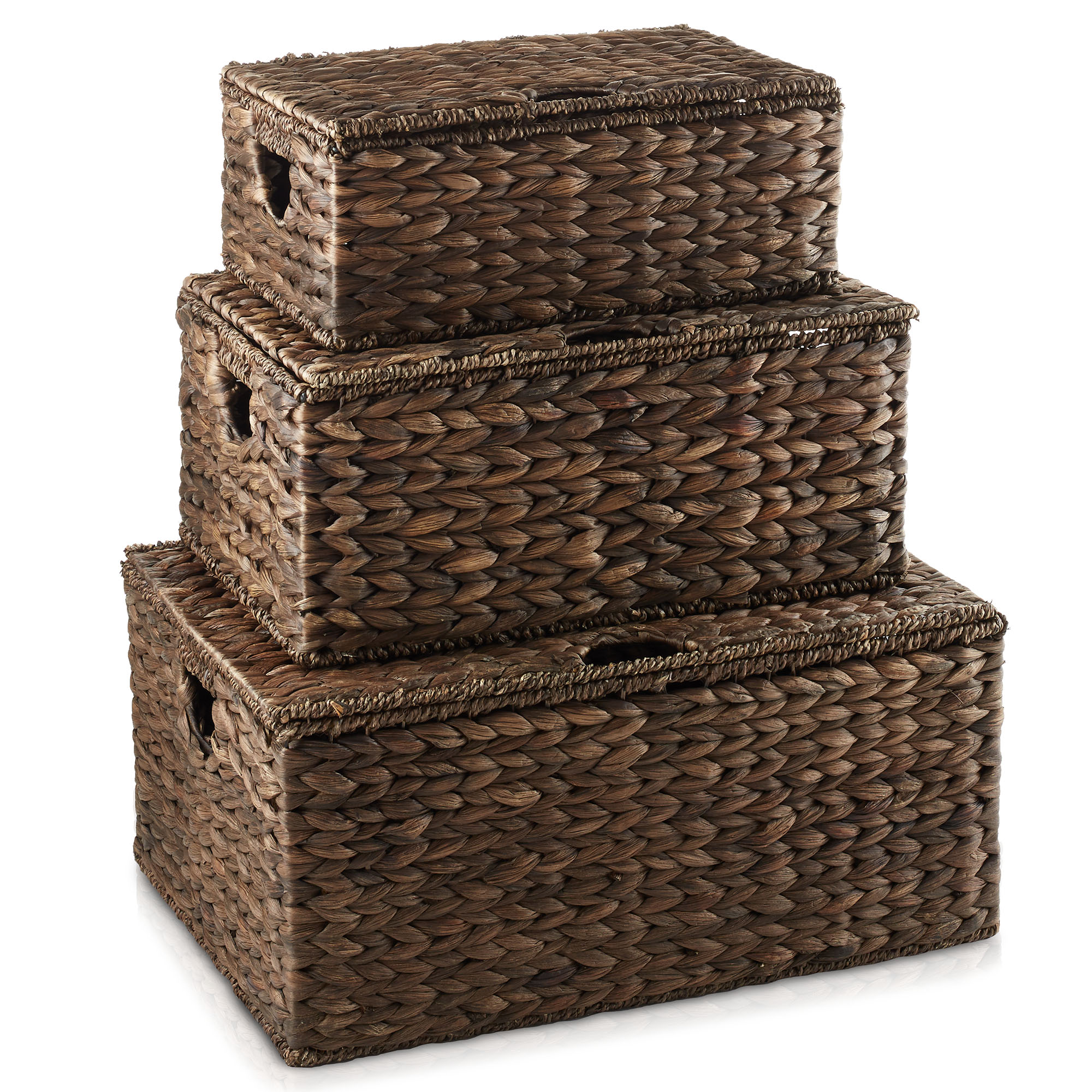 Water Hyacinth Storage Baskets with Lids, Rectangular Woven Wicker Tote Bins