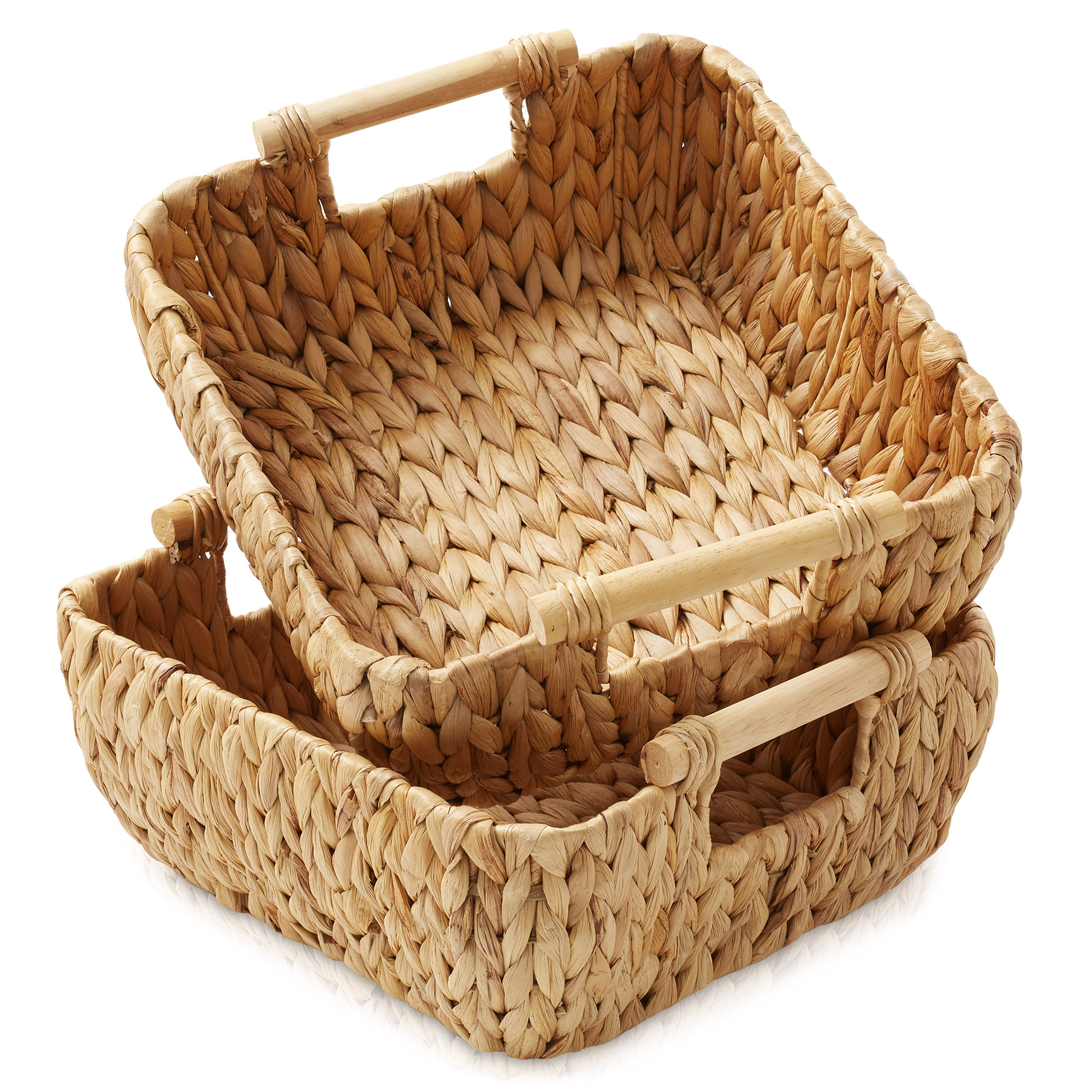 Oval Storage Basket Sets, Wood Handles, Wicker Hyacinth Seagrass Bin Organizers