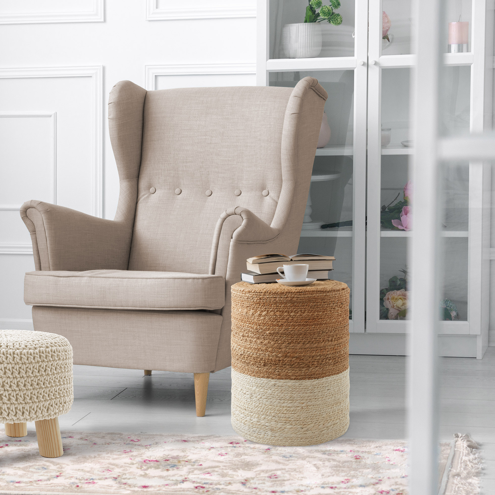 Hand-Braided Jute Pouf Ottoman Footrest, Boho Farmhouse Living Room Home Decor