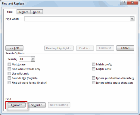 Format on Find Tab