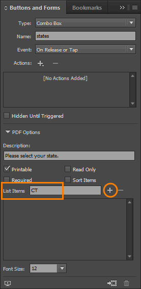 List Items in the Buttons and Forms Panel