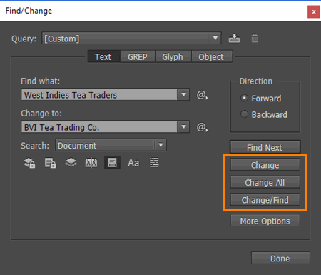 Change Buttons in Find/Change Dialog Box