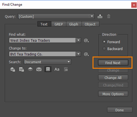 Find Next Button in Find/Change Dialog Box