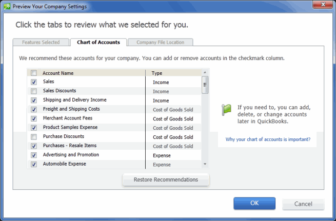 Chart of Accounts Tab