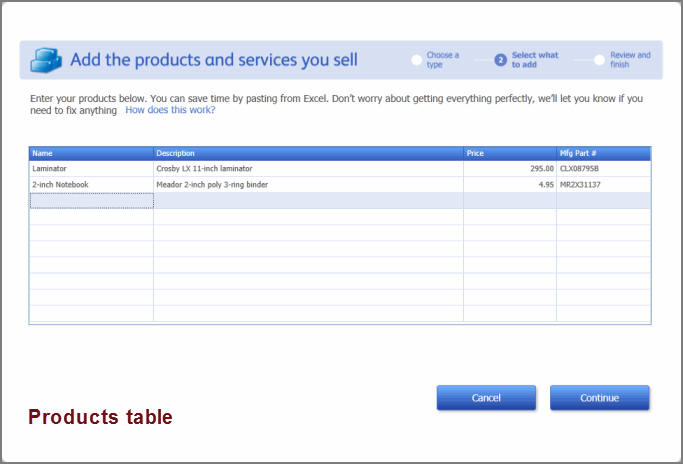 Products Table