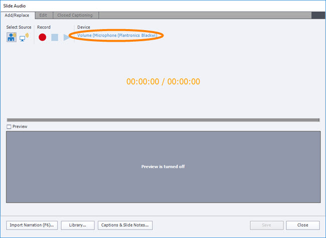 Slide Audio Dialog Box