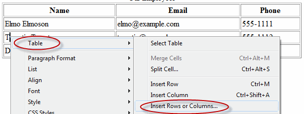 Table, Insert Rows or Columns