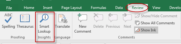 Smart Lookup in Review Tab