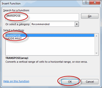 Transpose in Insert Function Dialog Box