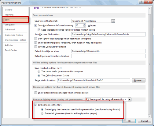 Embed Fonts in File Check Box