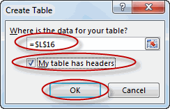 Create Table Dialog Box