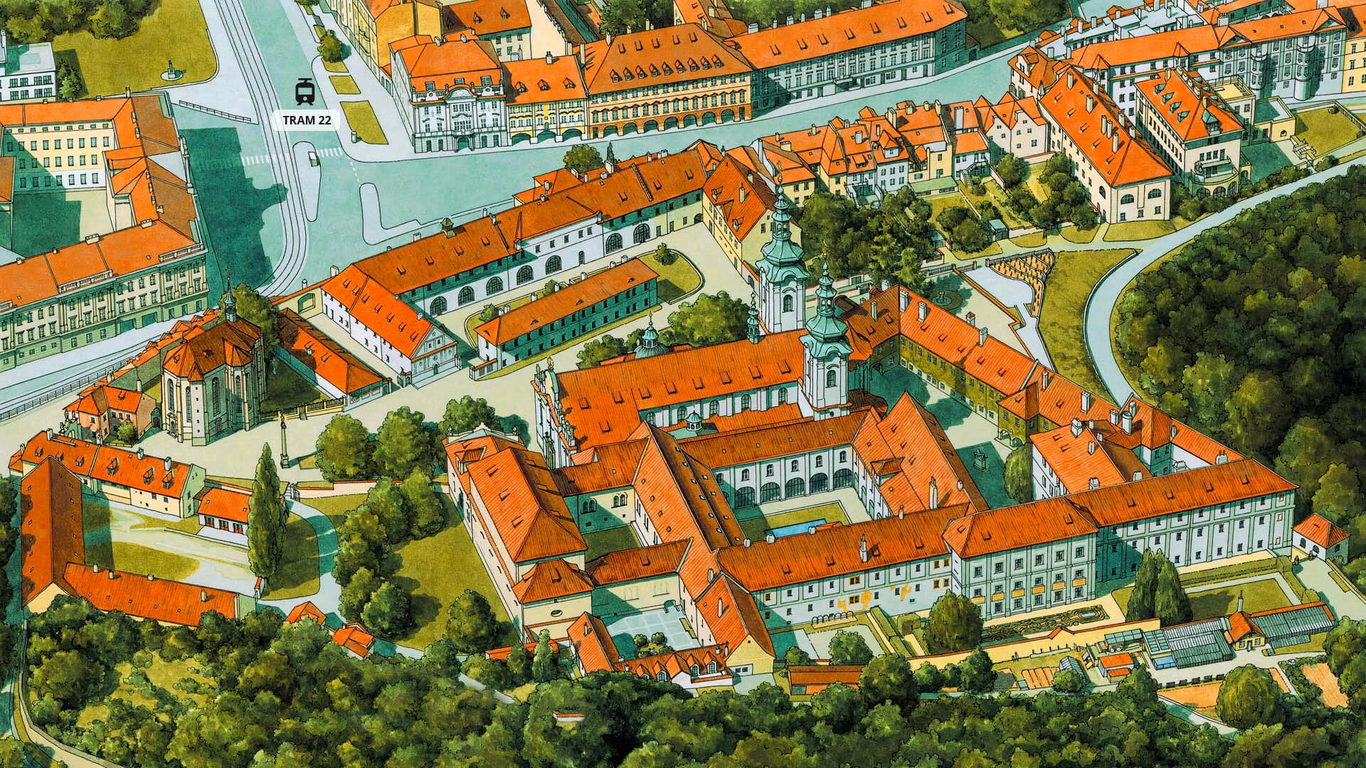 An illustrated map of Strahov Monatery