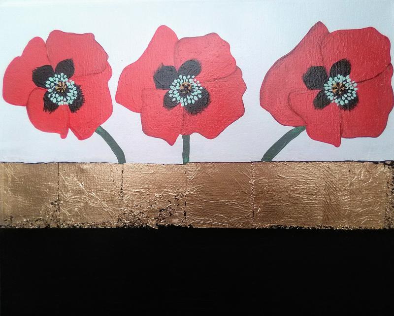 Poppy flowers made 2020 Acrylic painting with gold leaf on 20x16x1in