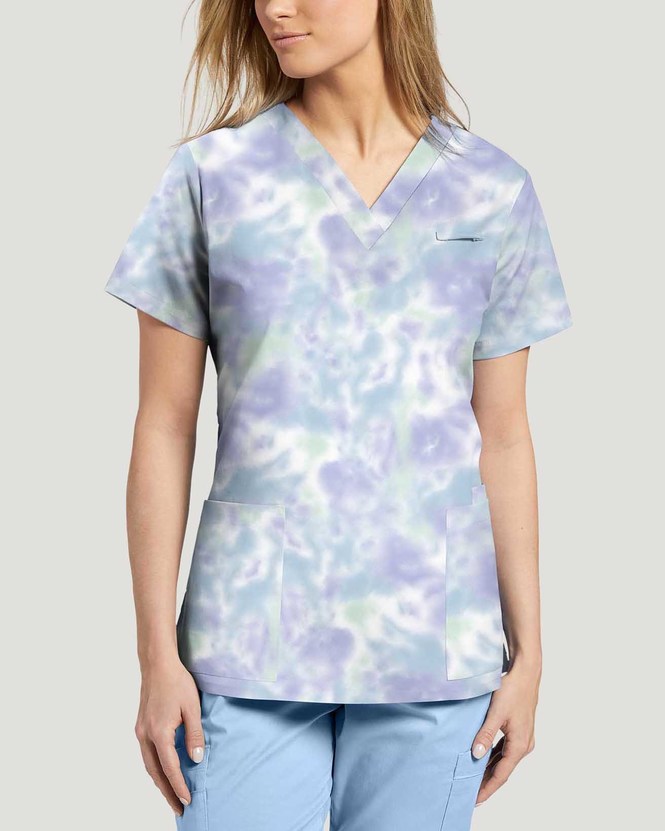 Photo of White Cross Scrubs Blue Tie Dye Printed  V-Neck Top Color Blue Tie Dye Vue 618-TDB.jpg