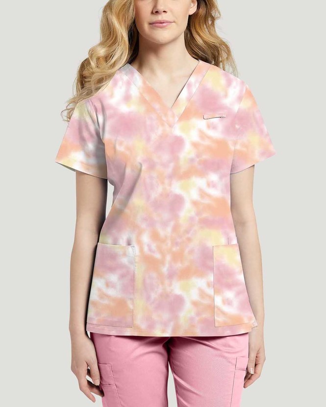 Photo of White Cross Scrubs Pink Tie Dye Printed  V-Neck Top Color Pink Tie Dye Vue 618-PTD.jpg