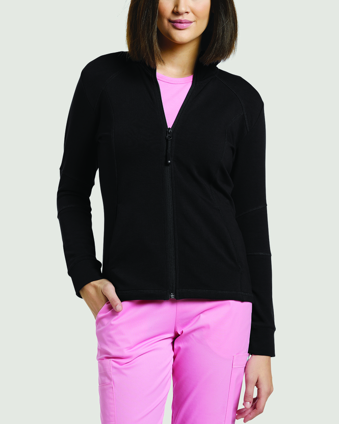 Photo of White Cross Scrubs French Terry Zipper Front Jacket Color Black Vue 445-BLA.jpg