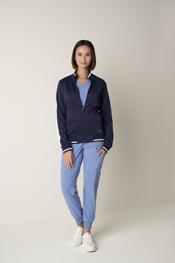 Image of a woman wearing a black V-Tess Nurse Bomber Jacket