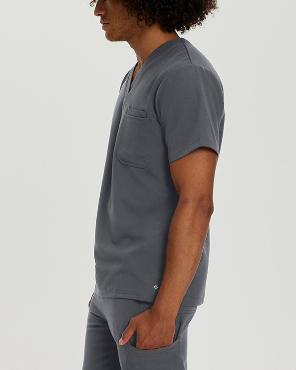 Photo of White Cross Scrubs Chest Pocket V-Neck Top Color Dark Pewter Side Vue 005