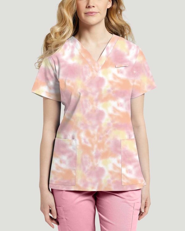 Photo of White Cross Scrubs Pink Tie Dye Printed  V-Neck Top Color Pink Tie Dye Vue 618-PTD.jpg