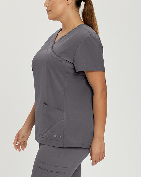 Photo of White Cross Scrubs Mock Wrap Solid Top Color Pewter Side Vue 008